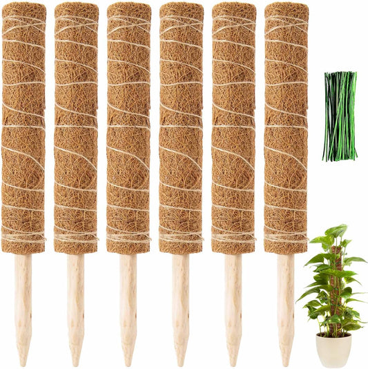 73.5In Total Moss Poles Plants Support for Indoor Climbing Plants - Stable Stackable Coco Coir Stakes for Monstera Potted Plants, Easy to Use (6 Pack, 16.5In)