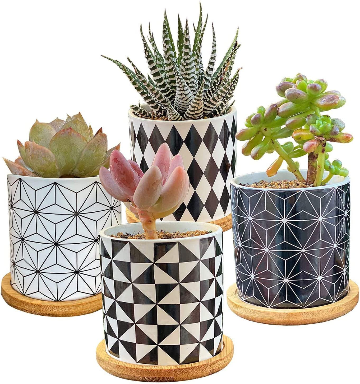 Succulent Plants Pots,Planter Pots Geometry Pots for Plants Flower Pots Indoor&Outdoor Ceramic Plants Pots for Cactus with Drain Hole and Bamboo Tray Set of 4