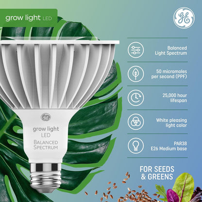 Grow LED Light Bulb, PAR38 Flood Light, Indoor LED Grow Lights for Plants, Seeds and Greens, Balanced Light Spectrum, 25,000 Hours Lifespan, 50 PPF, 1 Pack (Packaging May Vary)