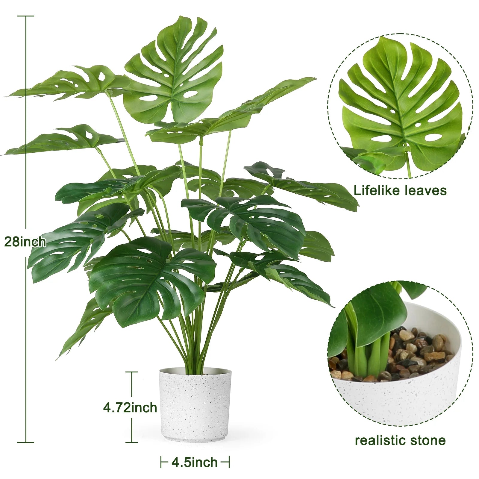 Artificial Monstera Plants, 28'' Fake Plants Tropical Palm Tree with Plastic Plant Pot, Desk Faux Plants Indoor for Home Decor, 18 Leaves