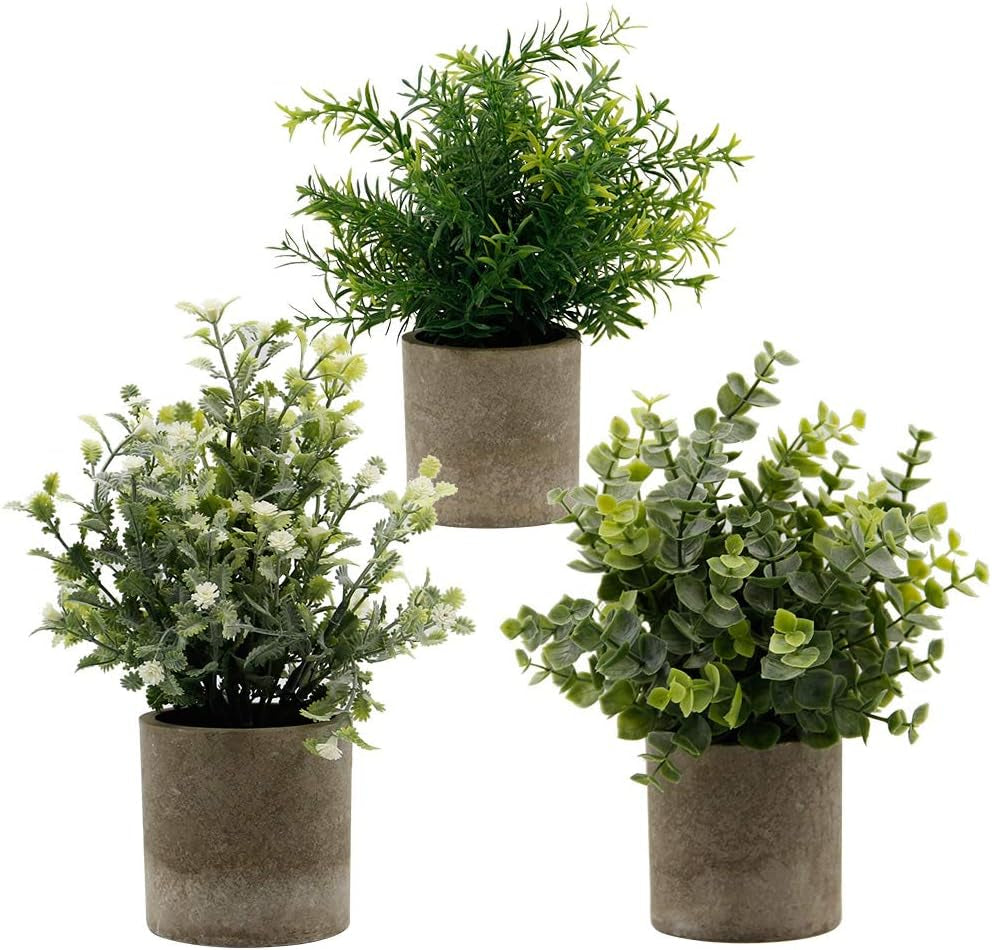 Small Potted Artificial Plants, Artificial Eucalyptus Plants Fake Rosemary 9.5" Plastic Greenery Plants for Home Office Garden Decor, Indoor & Outdoor, Set of 3 (White)