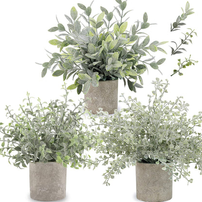 Artificial Potted Plants Mini Fake Eucalyptus Plant, Small Plastic Green Plant with Pot, Faux Leaf Rosemary Plants for Shelf, Home Decor, Indoor, Table Decoration - 3 Pack, Flocking Green