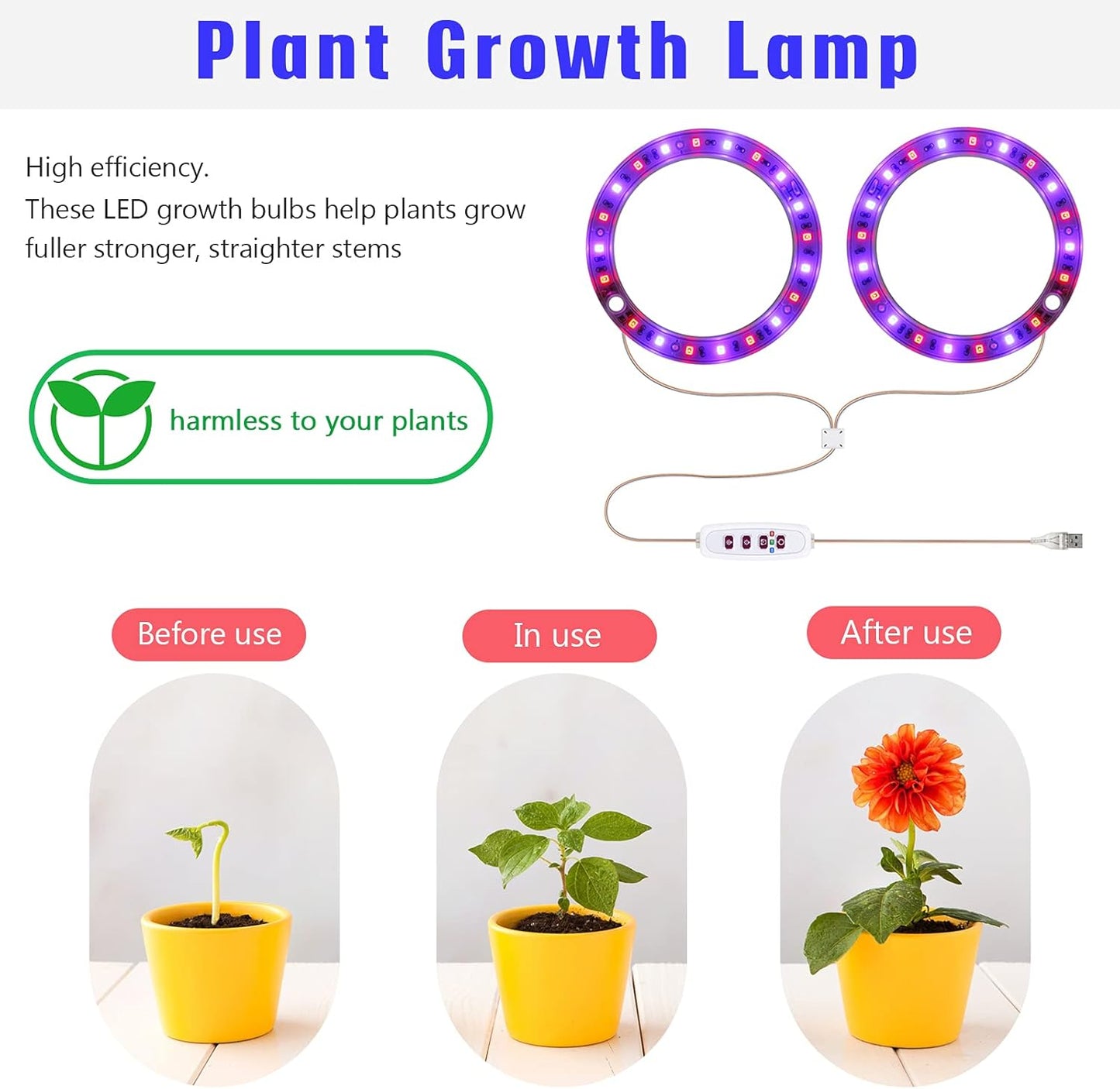 Grow Lights for Indoor Plants, 5 Dimmable Levels Plant Light Red Blue Full Spectrum LED Grow Light USB Angel Ring Grow Lamp Hydroponic Seeding Plant Growing Lamps, 8/12/16H Timer (4 Ring)