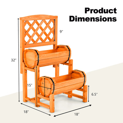 2-Tier Wooden Raised Garden Bed Container W/2 Cylindrical Planter Boxes & Trellis