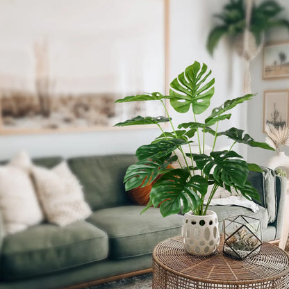 Artificial Monstera Plants, 28'' Fake Plants Tropical Palm Tree with Plastic Plant Pot, Desk Faux Plants Indoor for Home Decor, 18 Leaves