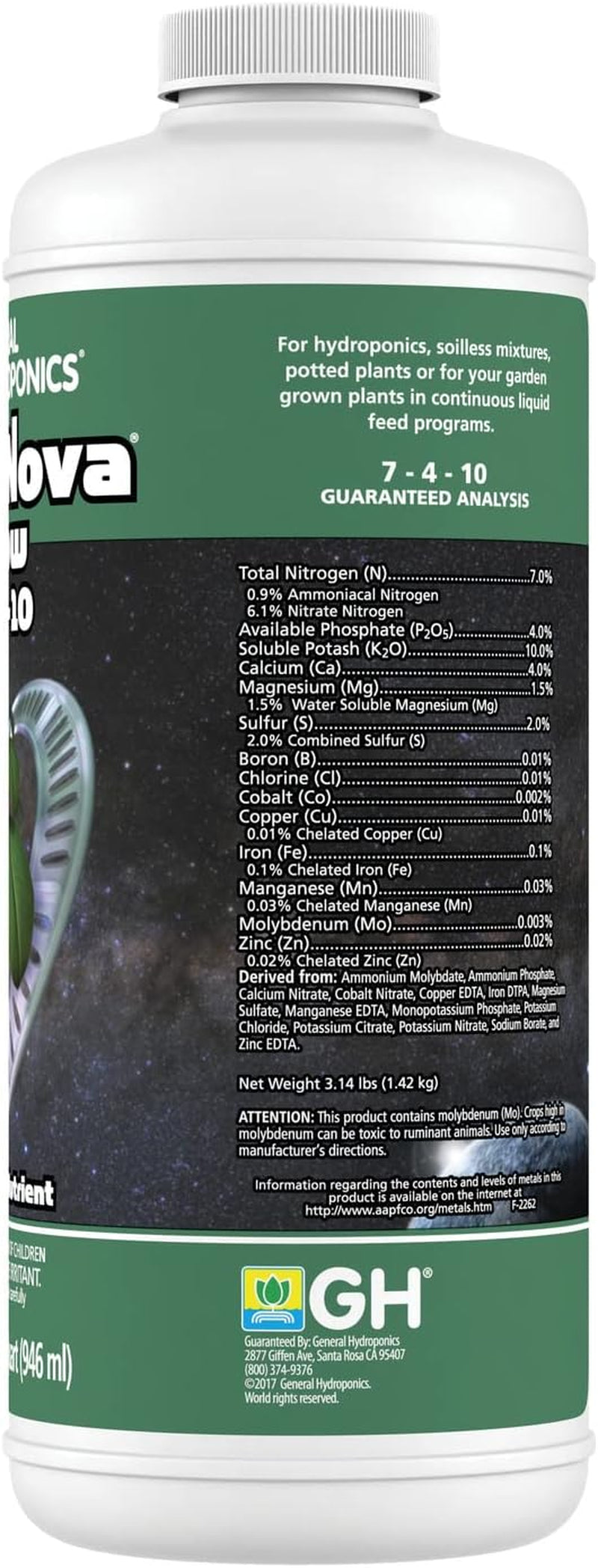 Floranova Grow 7-4-10, Robust Strength of Dry Fertilizer but in Rapid Liquid Form, Use for Hydroponics, Soilless Mixtures, Containers & Garden Grown Plants, 1-Quart