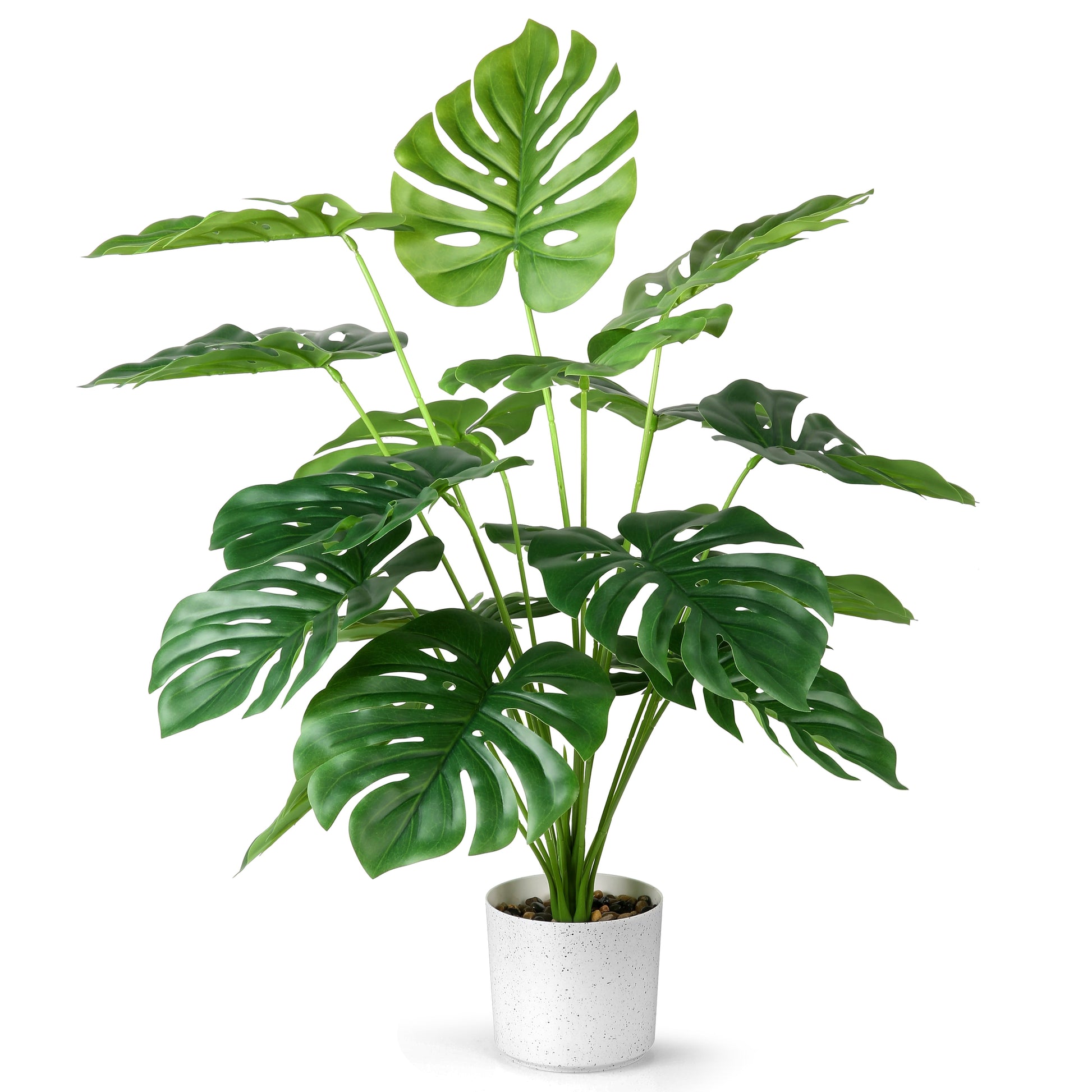 Artificial Monstera Plants, 28'' Fake Plants Tropical Palm Tree with Plastic Plant Pot, Desk Faux Plants Indoor for Home Decor, 18 Leaves