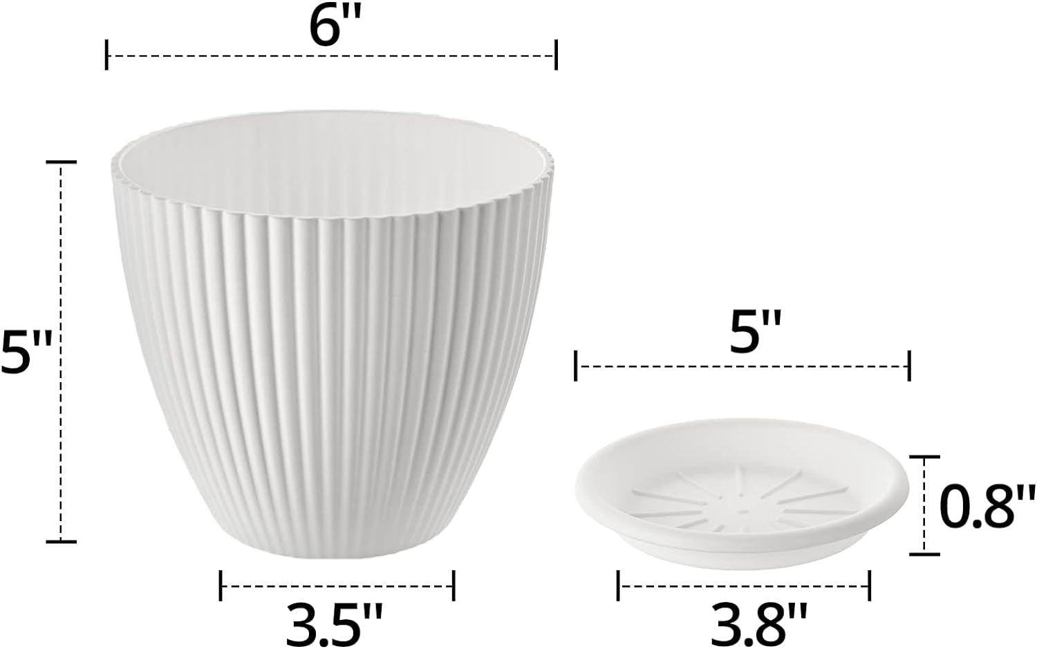 Plastic Planter Pots for Plants, 5 Pack 6 Inch Flower Pots with Drainage Holes and Saucers, Modern Stylish Indoor Outdoor Garden Pots for All Houseplants, Succulent, Home & Office Décor, White