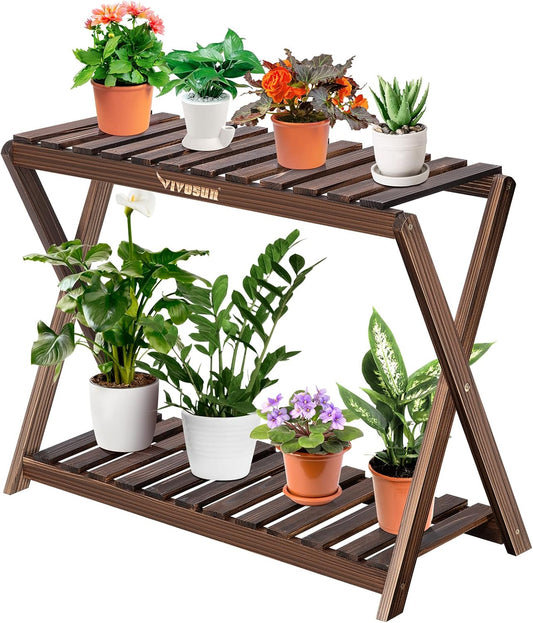 Plant Stands 2-Tier X-Shaped Plant Shelf, Wood Indoor Plant Rack / Outdoor Flower Plant Holder for Plant Display in Patio, Garden, Living Room, Corner, Balcony or Bedroom