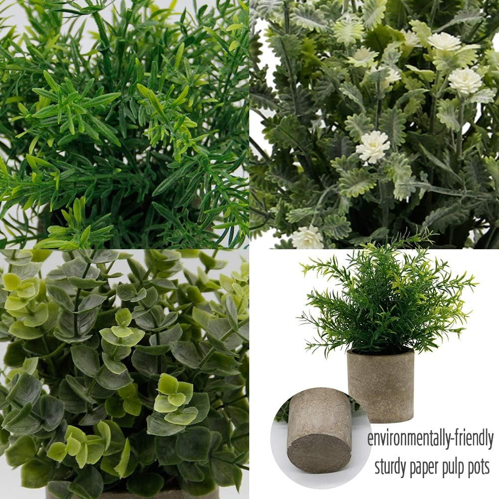 Small Potted Artificial Plants, Artificial Eucalyptus Plants Fake Rosemary 9.5" Plastic Greenery Plants for Home Office Garden Decor, Indoor & Outdoor, Set of 3 (White)