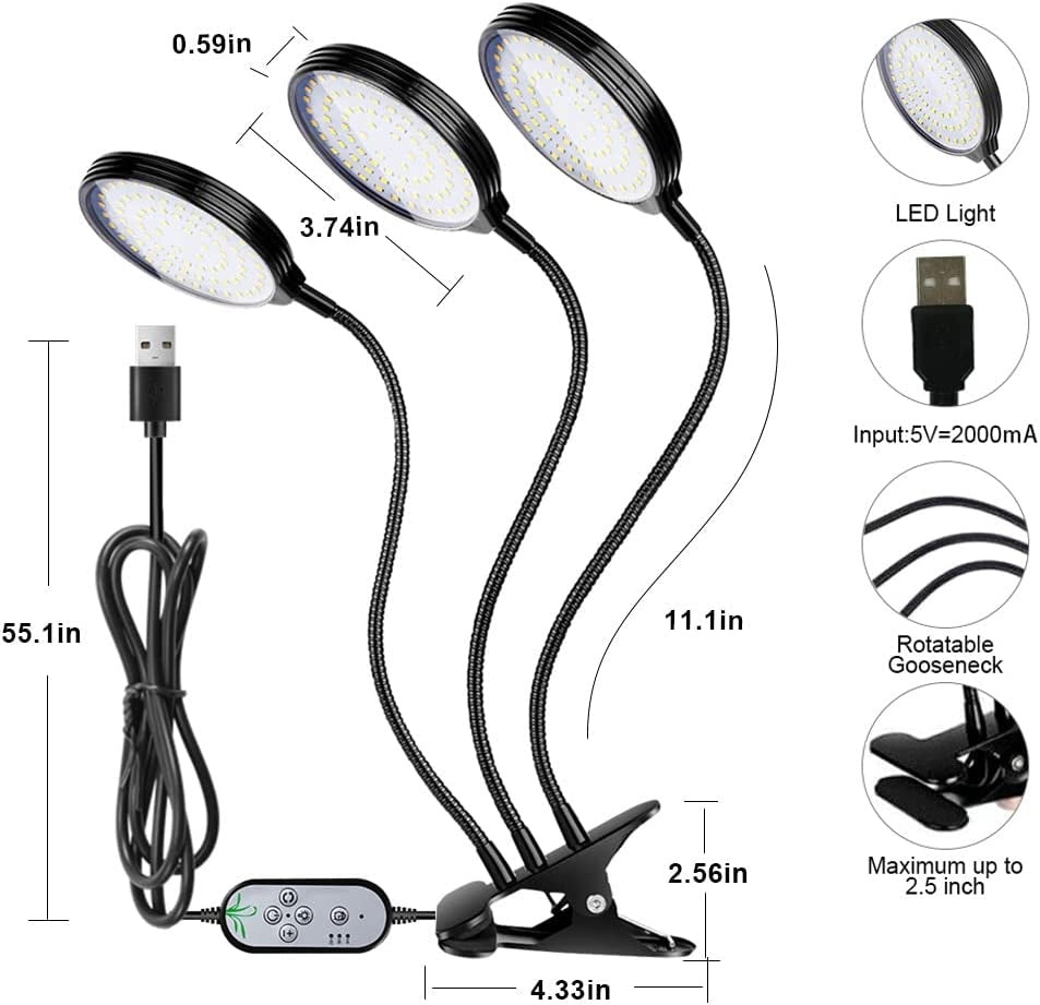 Grow Light 45W Sunlike Full Spectrum LED Plant Grow Lights with Timer Auto On/Off 4/8/12H Waterproof Grow Lamp for Indoor Plants, 5 Dimmable Levels, Adjustable Gooseneck