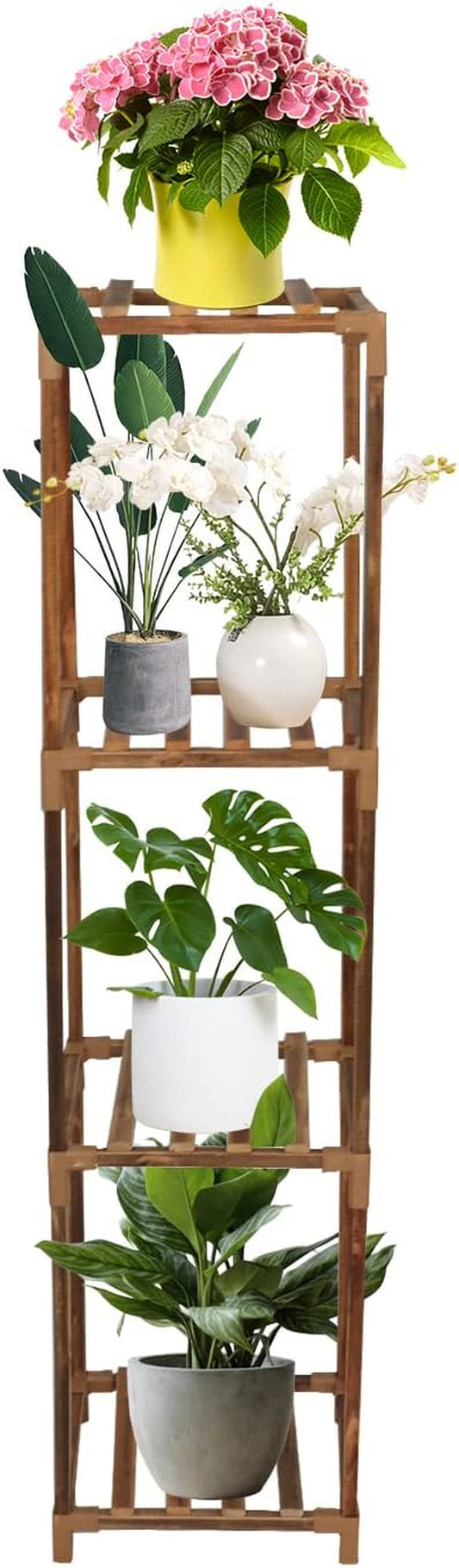 Indoor and Outdoor Tall Wood Plant Stand - Space-Saving Shelf for Flower Pots and Planters (Holds 4 Pots)