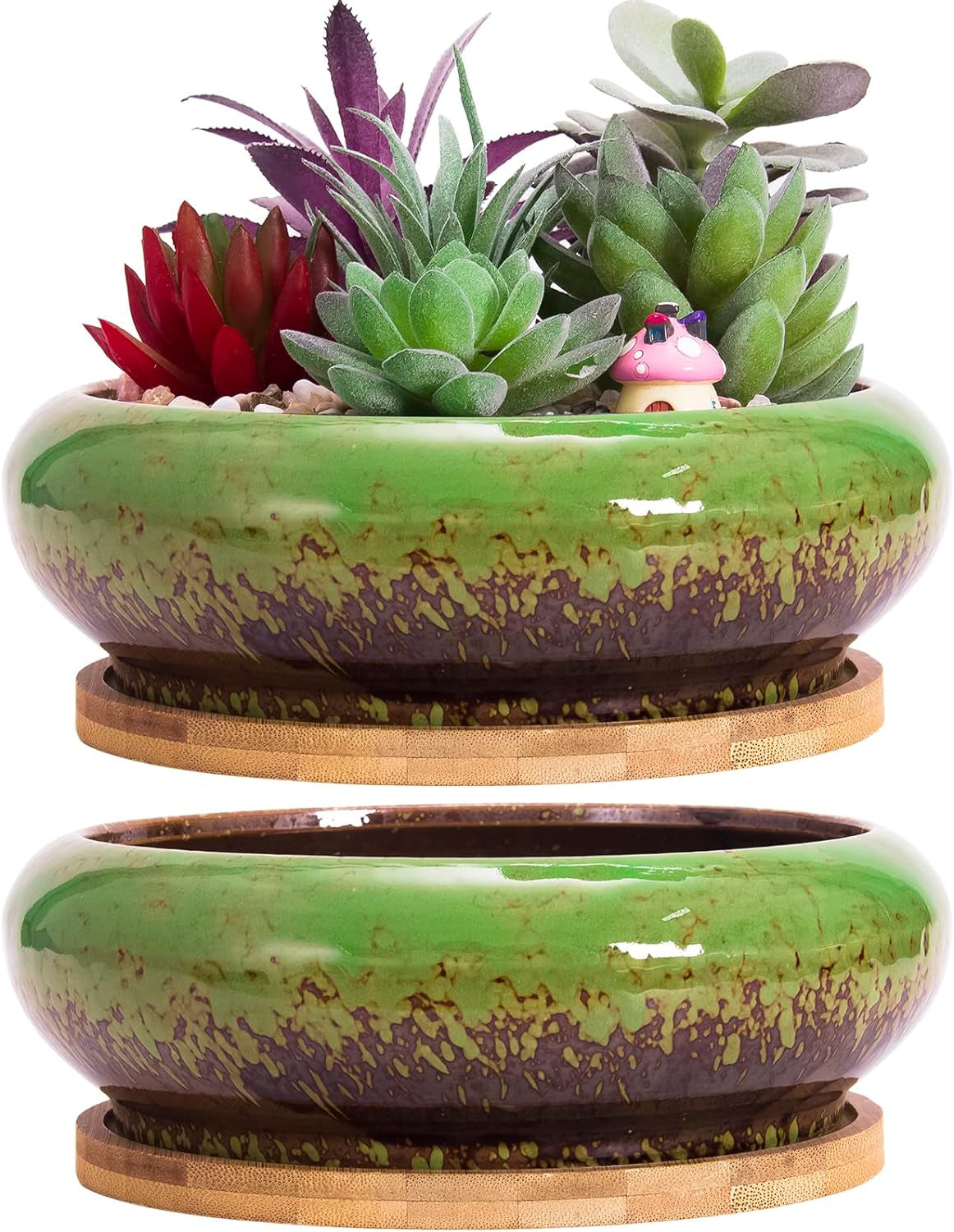 Succulent Pots - 7.3 Inch Large Succulent Planters Pots with Drainage Pack of 2, Ceramic Bonsai Pots with Trays Shallow Planters for Indoor Cactus Flower Plants